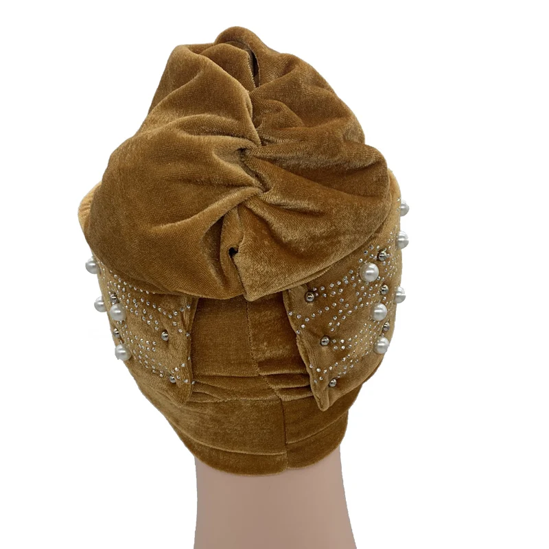 2022 Lastest Beading Turban Bonnet for Women Soft Velvet Hijab Turbans Muslim Head Wraps Islamic Headwear Turbante Mujer