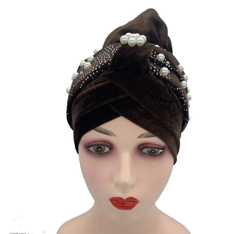 2022 Lastest Beading Turban Bonnet for Women Soft Velvet Hijab Turbans Muslim Head Wraps Islamic Headwear Turbante Mujer