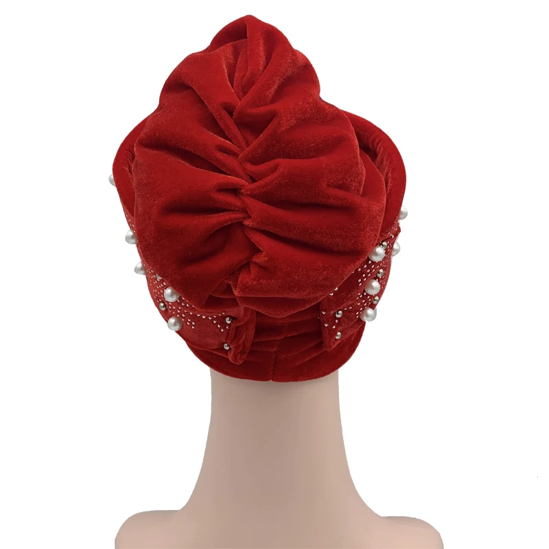 2022 Lastest Beading Turban Bonnet for Women Soft Velvet Hijab Turbans Muslim Head Wraps Islamic Headwear Turbante Mujer