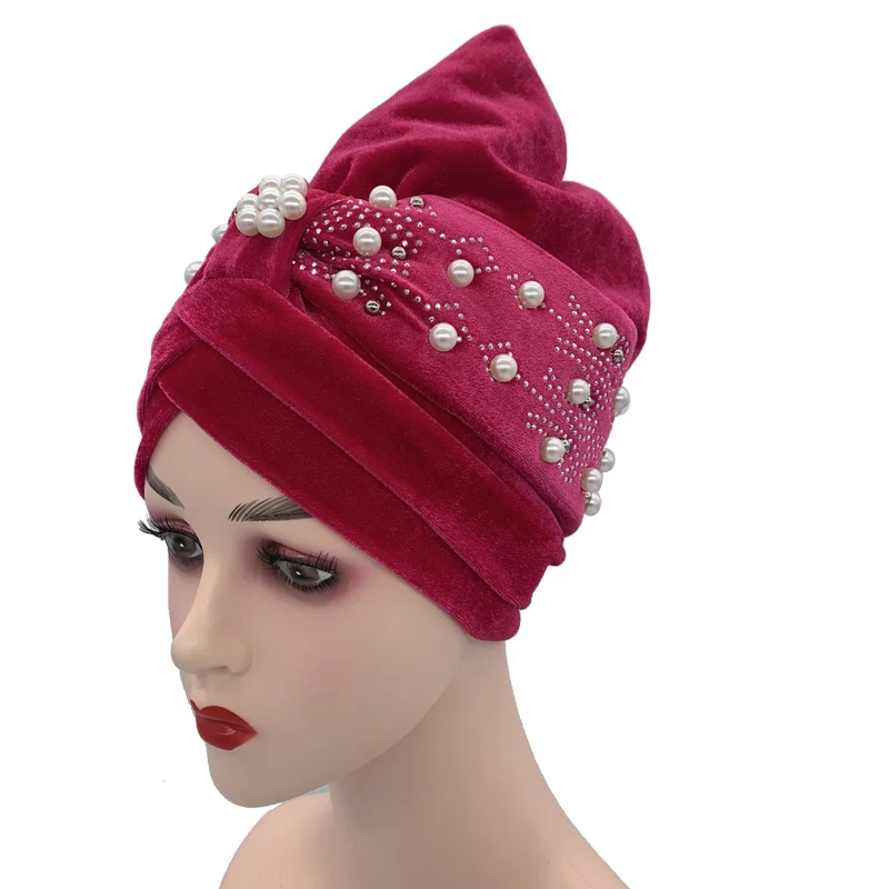 2022 Lastest Beading Turban Bonnet for Women Soft Velvet Hijab Turbans Muslim Head Wraps Islamic Headwear Turbante Mujer