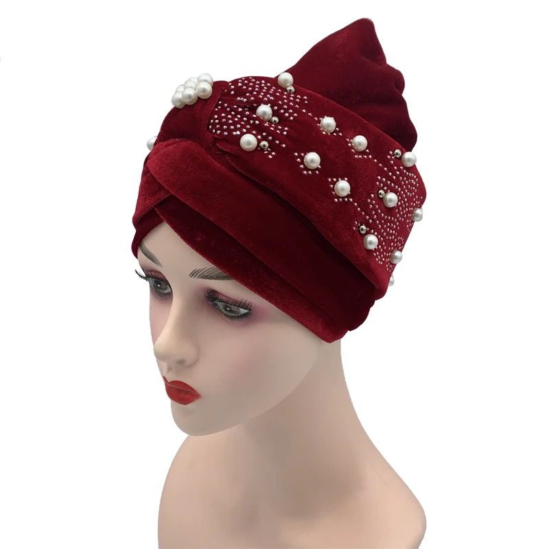 2022 Lastest Beading Turban Bonnet for Women Soft Velvet Hijab Turbans Muslim Head Wraps Islamic Headwear Turbante Mujer