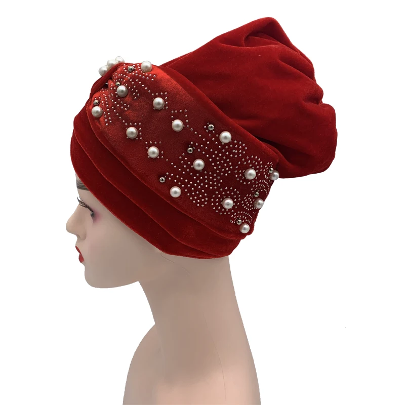 2022 Lastest Beading Turban Bonnet for Women Soft Velvet Hijab Turbans Muslim Head Wraps Islamic Headwear Turbante Mujer