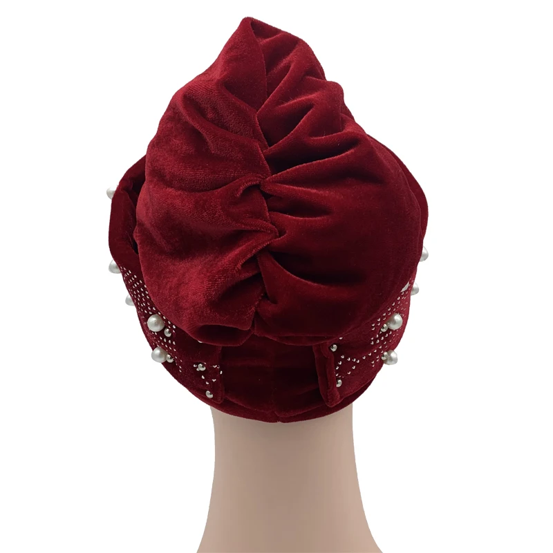 2022 Lastest Beading Turban Bonnet for Women Soft Velvet Hijab Turbans Muslim Head Wraps Islamic Headwear Turbante Mujer