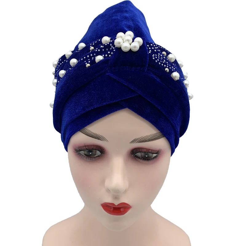 2022 Lastest Beading Turban Bonnet for Women Soft Velvet Hijab Turbans Muslim Head Wraps Islamic Headwear Turbante Mujer