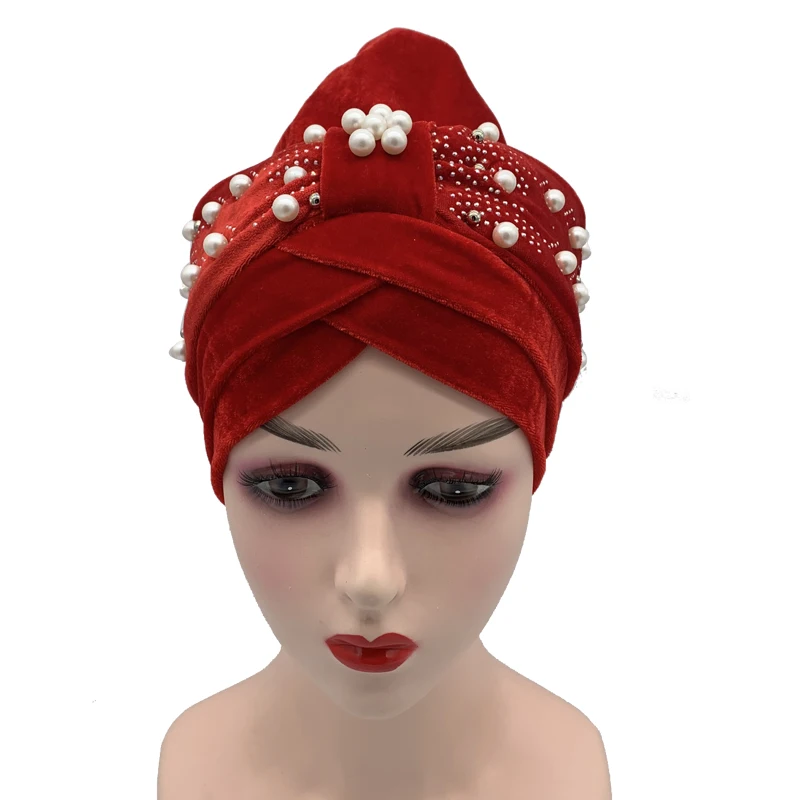 2022 Lastest Beading Turban Bonnet for Women Soft Velvet Hijab Turbans Muslim Head Wraps Islamic Headwear Turbante Mujer