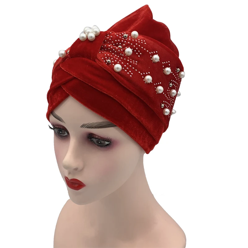 2022 Lastest Beading Turban Bonnet for Women Soft Velvet Hijab Turbans Muslim Head Wraps Islamic Headwear Turbante Mujer