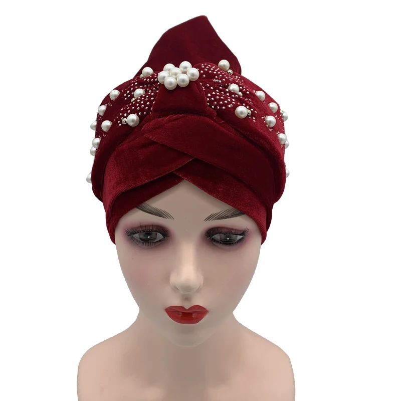 2022 Lastest Beading Turban Bonnet for Women Soft Velvet Hijab Turbans Muslim Head Wraps Islamic Headwear Turbante Mujer