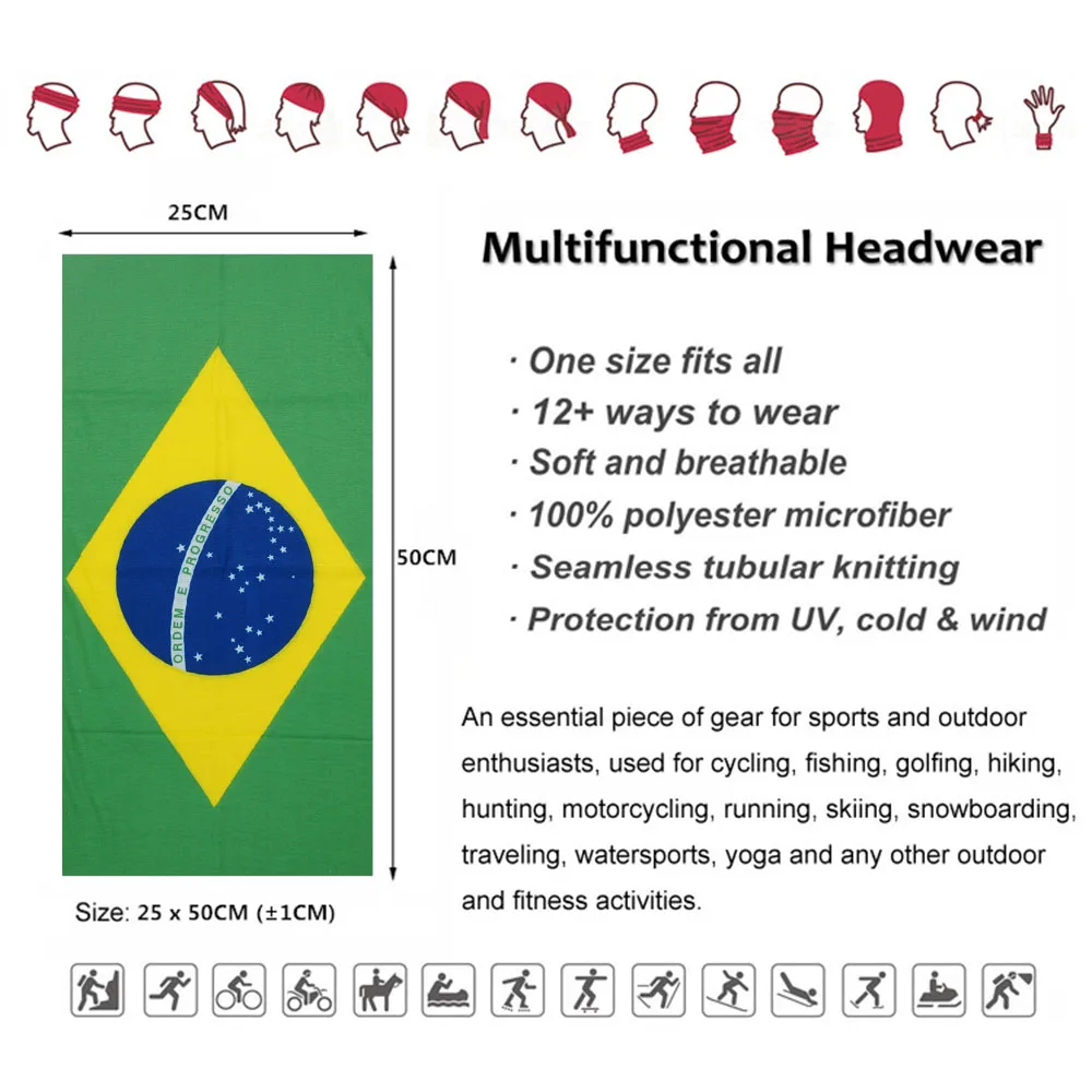 Brazil Flag Printed Cycling Head Bandana Anti-UV Fishing Scarf Unisex Neck Gaiter Seamless Face Cover Hiking Headwear Balaclava