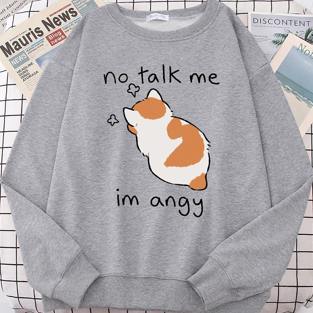 Female Sweatshirts No Talk Me Cute Angy Cat Print Top Women Harajuku Oversize Long-Sleeve Kawaii Animal 2024 New Lady Sweatshirt