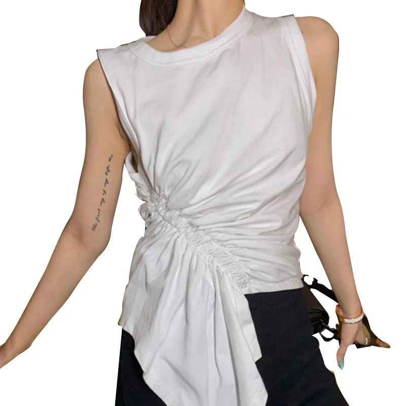 TWOTWINSTYLE Casual White T Shirt For Women O Neck Sleeveless Ruched Irregular Slim T Shirts Females Summer Fashion 2021 Stylish