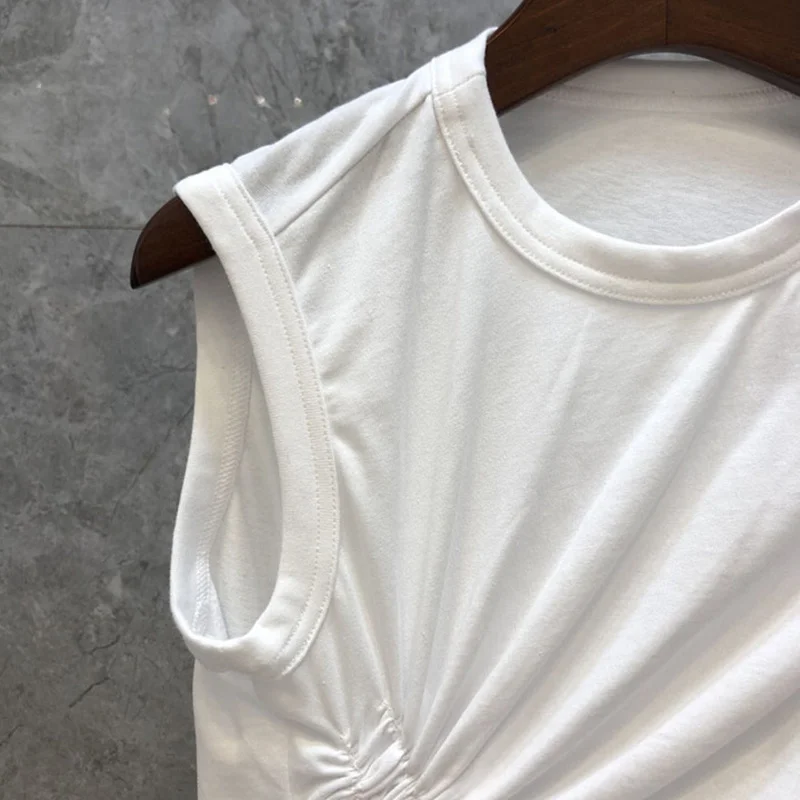 TWOTWINSTYLE Casual White T Shirt For Women O Neck Sleeveless Ruched Irregular Slim T Shirts Females Summer Fashion 2021 Stylish