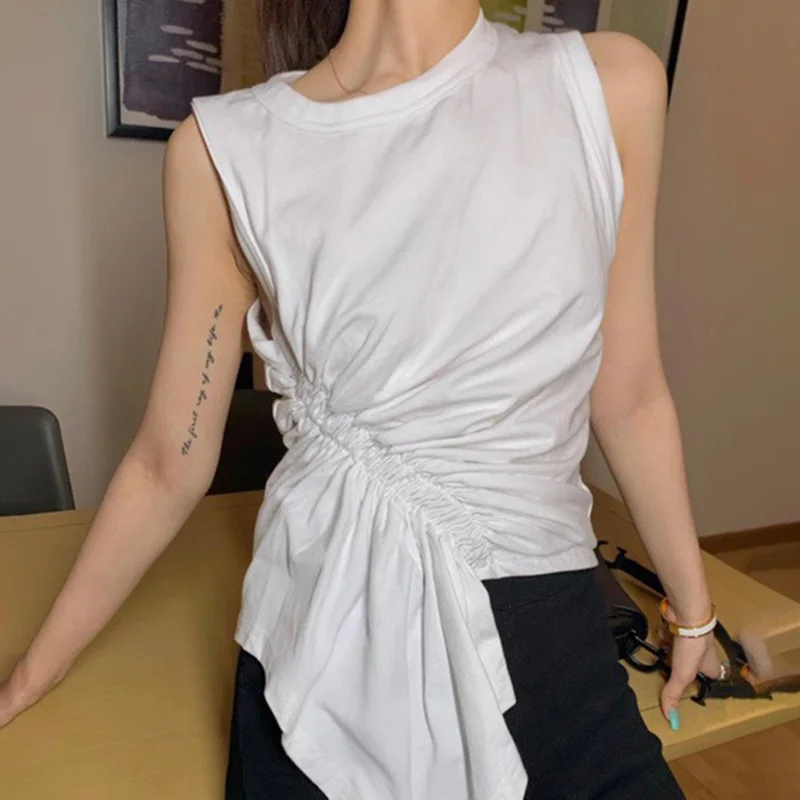 TWOTWINSTYLE Casual White T Shirt For Women O Neck Sleeveless Ruched Irregular Slim T Shirts Females Summer Fashion 2021 Stylish