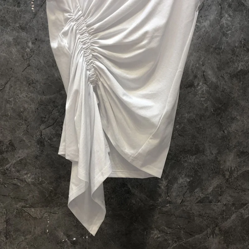 TWOTWINSTYLE Casual White T Shirt For Women O Neck Sleeveless Ruched Irregular Slim T Shirts Females Summer Fashion 2021 Stylish