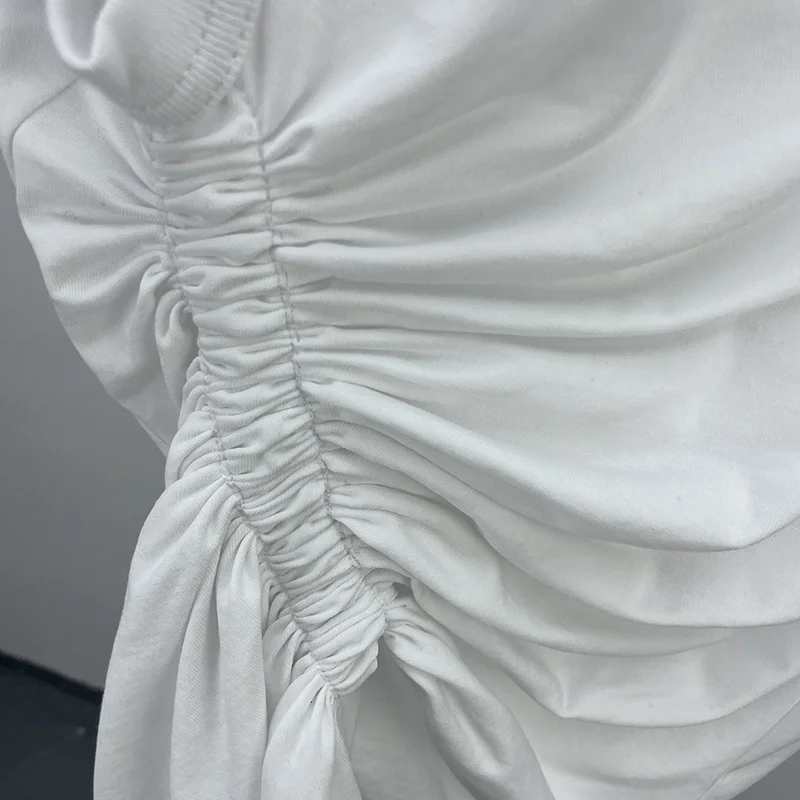 TWOTWINSTYLE Casual White T Shirt For Women O Neck Sleeveless Ruched Irregular Slim T Shirts Females Summer Fashion 2021 Stylish