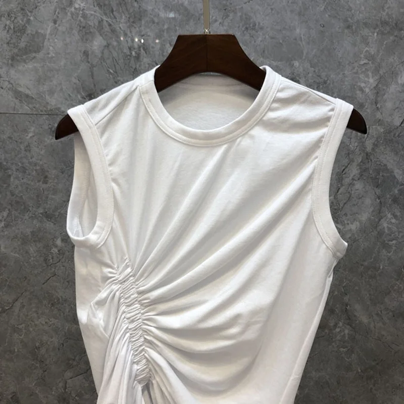 TWOTWINSTYLE Casual White T Shirt For Women O Neck Sleeveless Ruched Irregular Slim T Shirts Females Summer Fashion 2021 Stylish