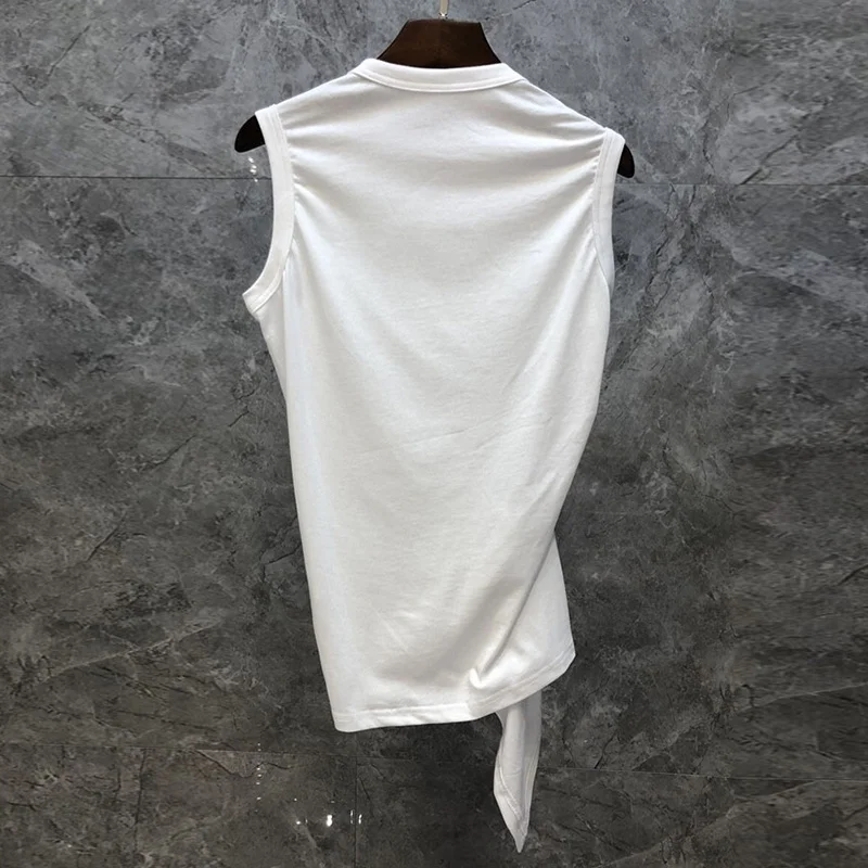 TWOTWINSTYLE Casual White T Shirt For Women O Neck Sleeveless Ruched Irregular Slim T Shirts Females Summer Fashion 2021 Stylish