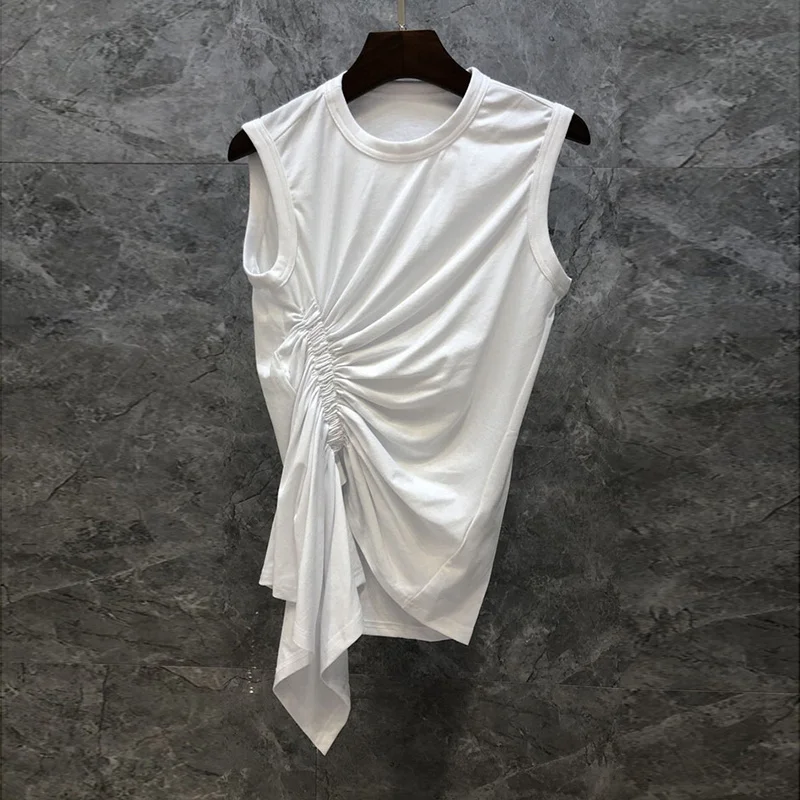 TWOTWINSTYLE Casual White T Shirt For Women O Neck Sleeveless Ruched Irregular Slim T Shirts Females Summer Fashion 2021 Stylish