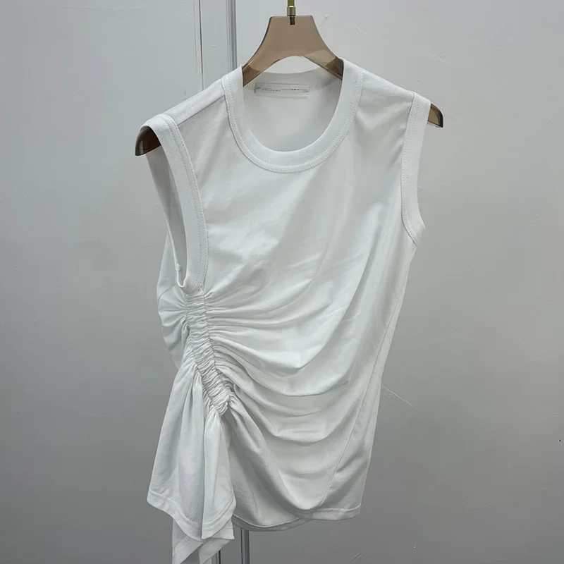 TWOTWINSTYLE Casual White T Shirt For Women O Neck Sleeveless Ruched Irregular Slim T Shirts Females Summer Fashion 2021 Stylish