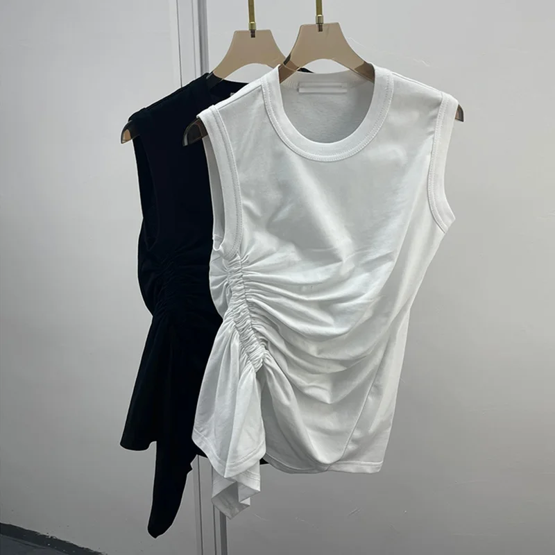 TWOTWINSTYLE Casual White T Shirt For Women O Neck Sleeveless Ruched Irregular Slim T Shirts Females Summer Fashion 2021 Stylish
