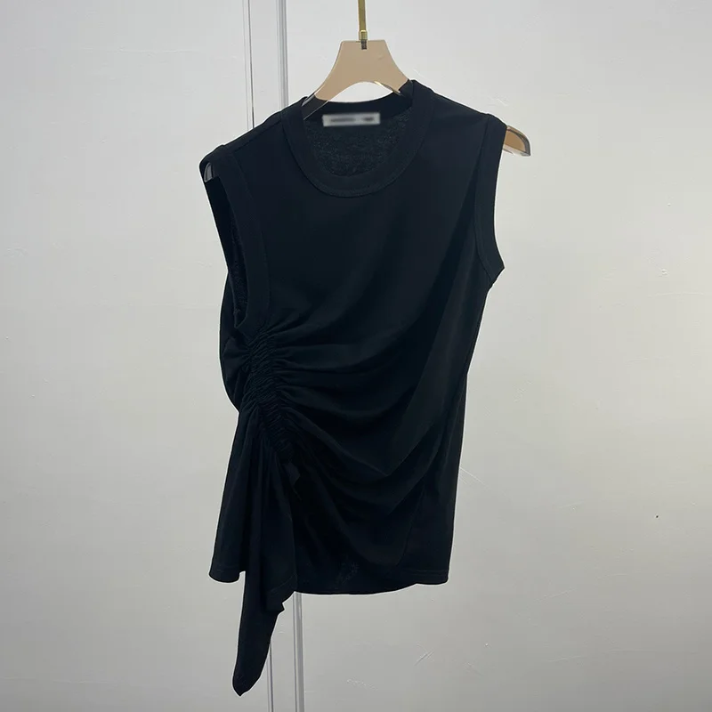 TWOTWINSTYLE Casual White T Shirt For Women O Neck Sleeveless Ruched Irregular Slim T Shirts Females Summer Fashion 2021 Stylish