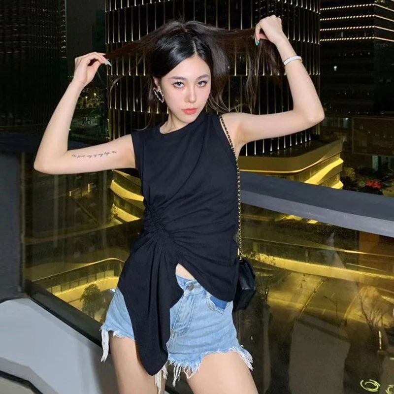 TWOTWINSTYLE Casual White T Shirt For Women O Neck Sleeveless Ruched Irregular Slim T Shirts Females Summer Fashion 2021 Stylish