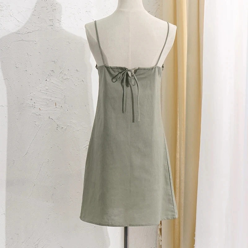 Vintage Cotton Linen Women Dresses 2024 Summer Sexy Spaghetti Strap Sleeveless Back Bandage Harajuku Party Club Mini Dress