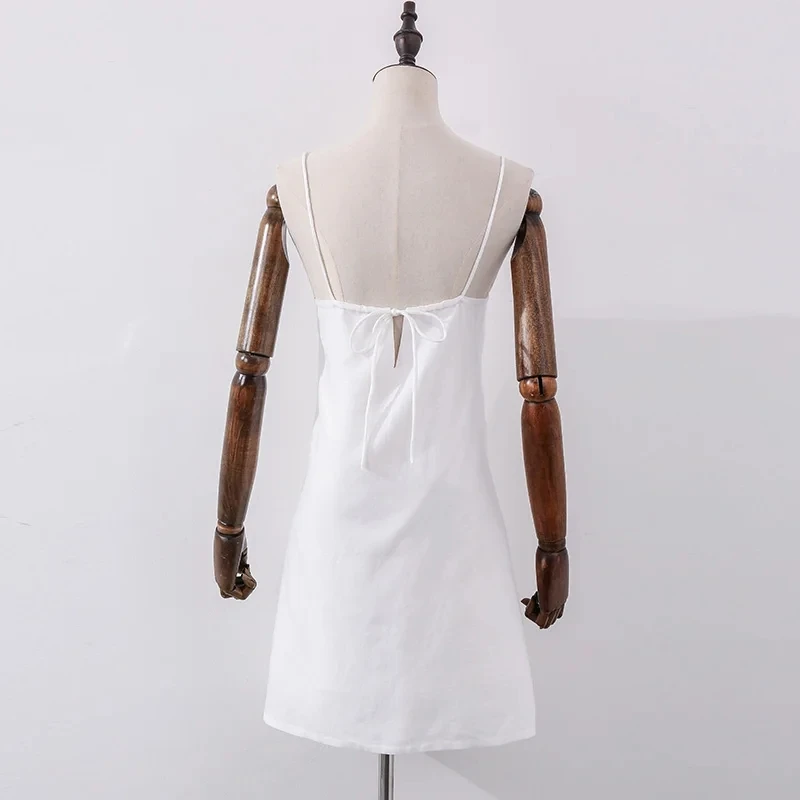 Vintage Cotton Linen Women Dresses 2024 Summer Sexy Spaghetti Strap Sleeveless Back Bandage Harajuku Party Club Mini Dress