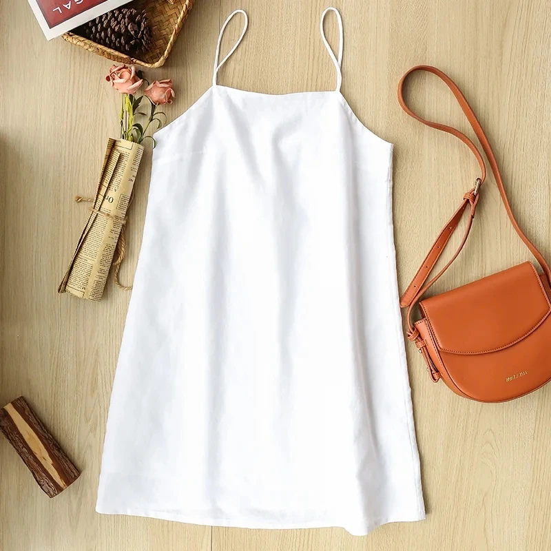 Vintage Cotton Linen Women Dresses 2024 Summer Sexy Spaghetti Strap Sleeveless Back Bandage Harajuku Party Club Mini Dress