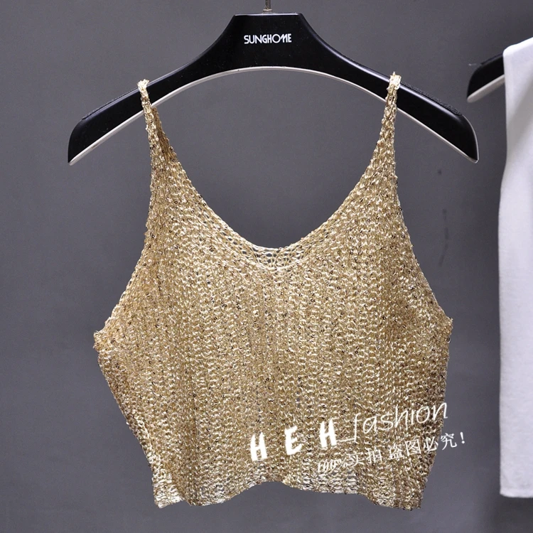 Sparkling Sequins Half Waist Render Knitwear Hollow-out Is Sexy Waist Condole Top Cropped Sexy Streetwear Woman Tops Summer