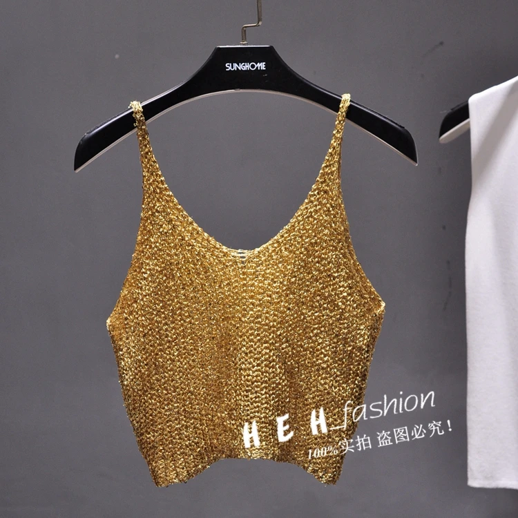 Sparkling Sequins Half Waist Render Knitwear Hollow-out Is Sexy Waist Condole Top Cropped Sexy Streetwear Woman Tops Summer
