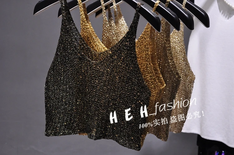 Sparkling Sequins Half Waist Render Knitwear Hollow-out Is Sexy Waist Condole Top Cropped Sexy Streetwear Woman Tops Summer