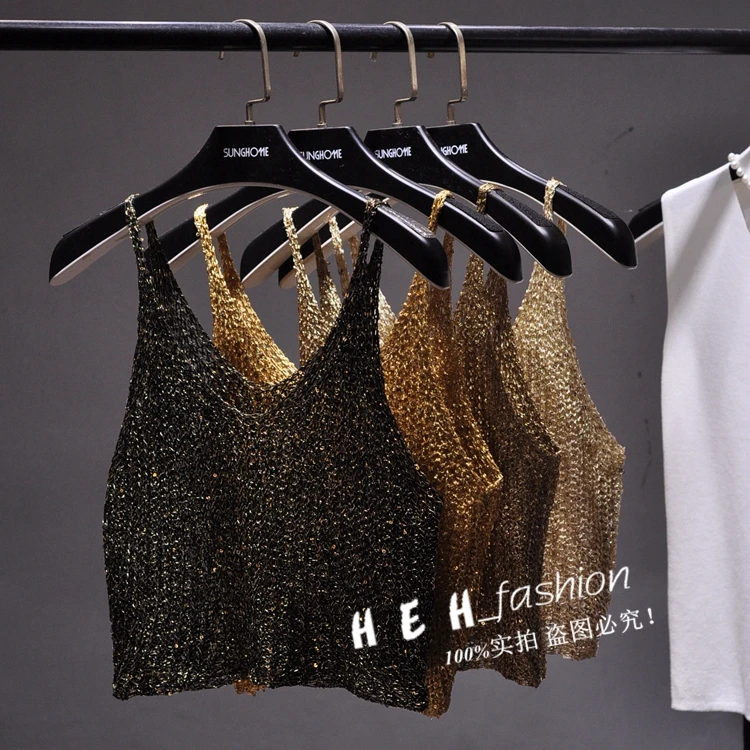 Sparkling Sequins Half Waist Render Knitwear Hollow-out Is Sexy Waist Condole Top Cropped Sexy Streetwear Woman Tops Summer