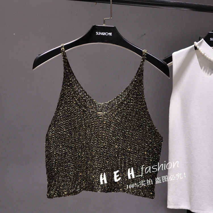 Sparkling Sequins Half Waist Render Knitwear Hollow-out Is Sexy Waist Condole Top Cropped Sexy Streetwear Woman Tops Summer
