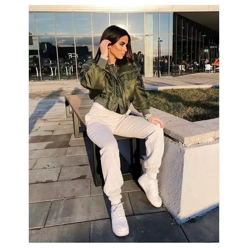 women green full sleeve pockets jackets 2020 fashion ladies elastic sleeves zipper keep wearm jacket chic female streetwear