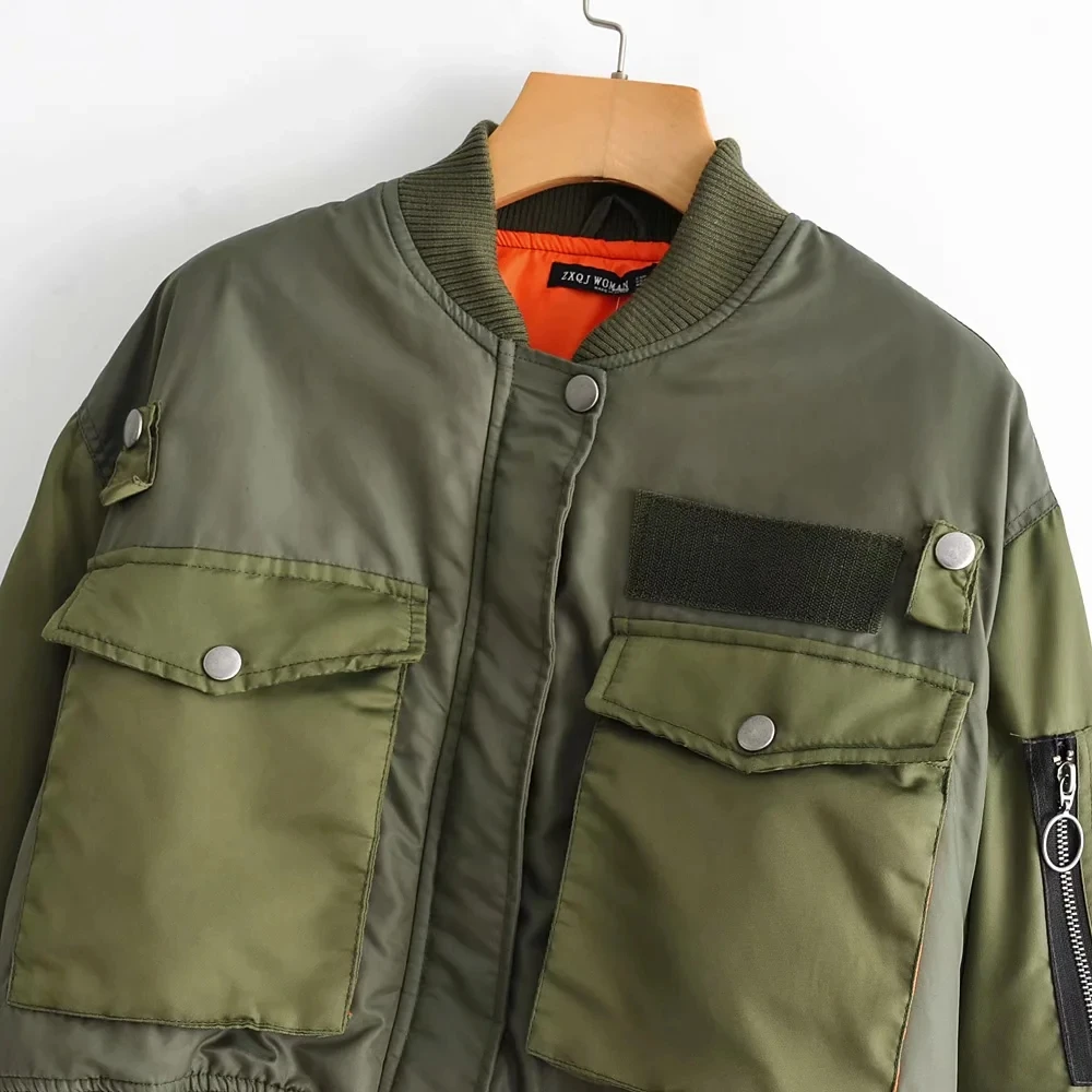 women green full sleeve pockets jackets 2020 fashion ladies elastic sleeves zipper keep wearm jacket chic female streetwear