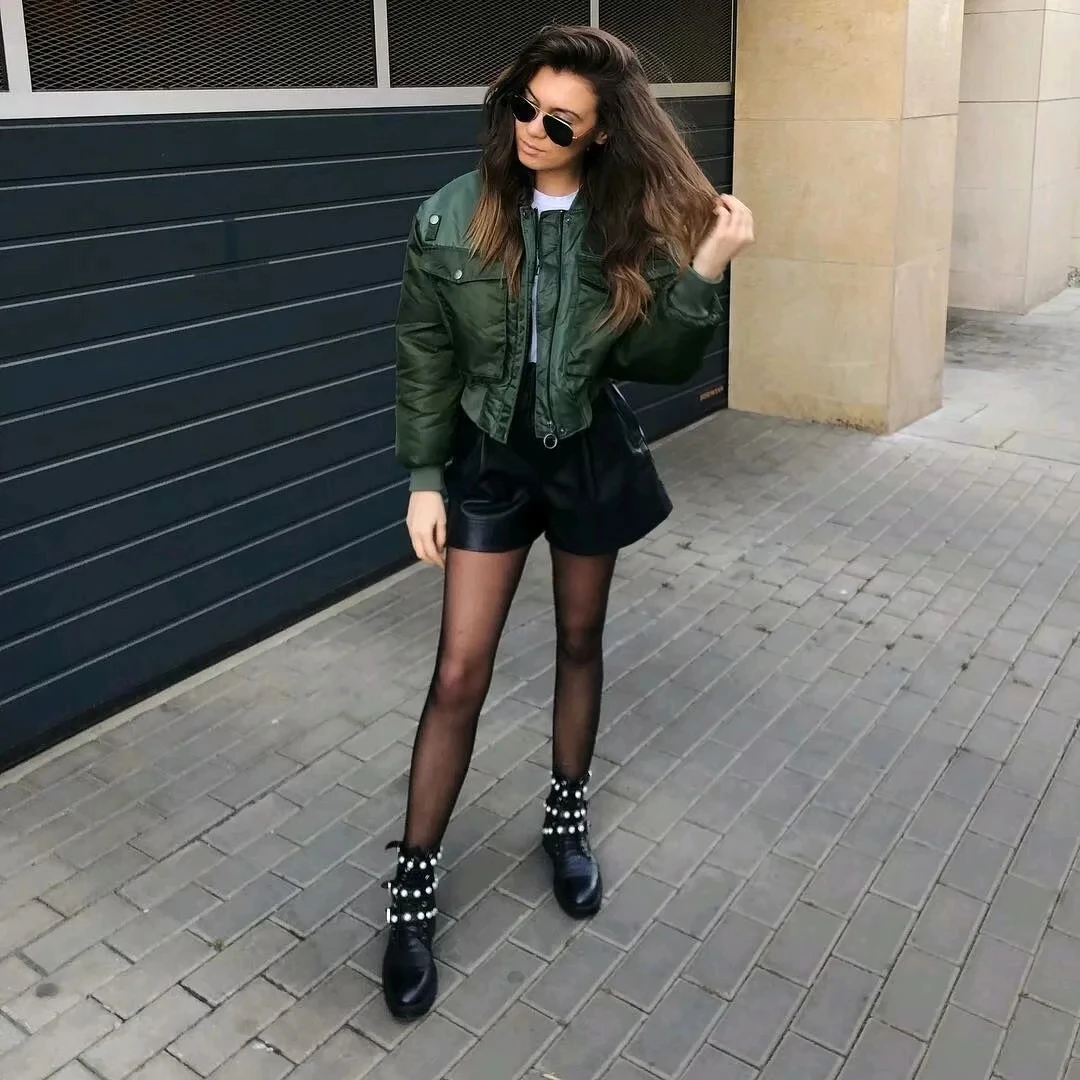 women green full sleeve pockets jackets 2020 fashion ladies elastic sleeves zipper keep wearm jacket chic female streetwear