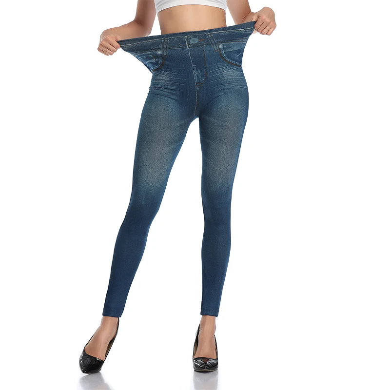 High Waist Faux Denim Print Leggings Women Sexy Skinny Pencil Pants Tummy Control Seam-free Shapewear Trousers No Pocket