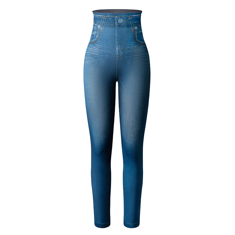 High Waist Faux Denim Print Leggings Women Sexy Skinny Pencil Pants Tummy Control Seam-free Shapewear Trousers No Pocket