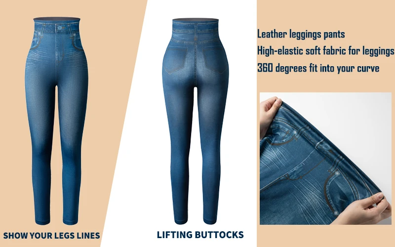 High Waist Faux Denim Print Leggings Women Sexy Skinny Pencil Pants Tummy Control Seam-free Shapewear Trousers No Pocket