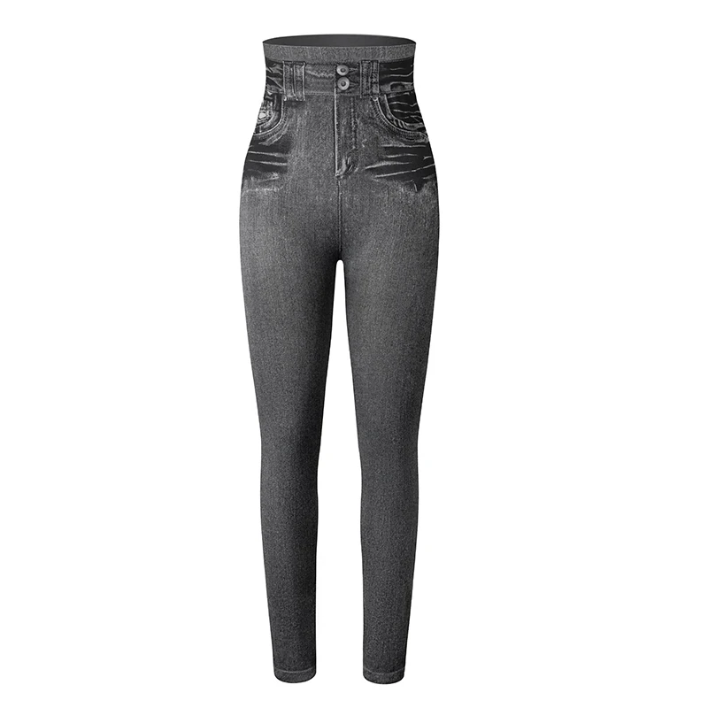 High Waist Faux Denim Print Leggings Women Sexy Skinny Pencil Pants Tummy Control Seam-free Shapewear Trousers No Pocket