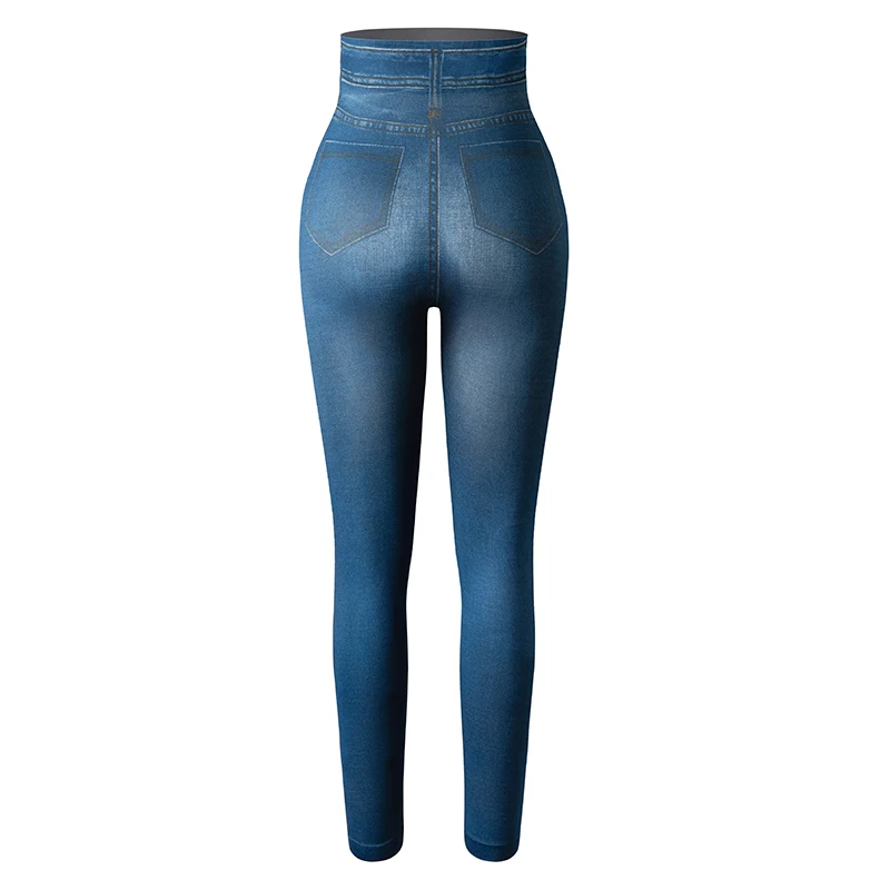 High Waist Faux Denim Print Leggings Women Sexy Skinny Pencil Pants Tummy Control Seam-free Shapewear Trousers No Pocket