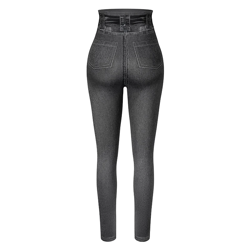 High Waist Faux Denim Print Leggings Women Sexy Skinny Pencil Pants Tummy Control Seam-free Shapewear Trousers No Pocket