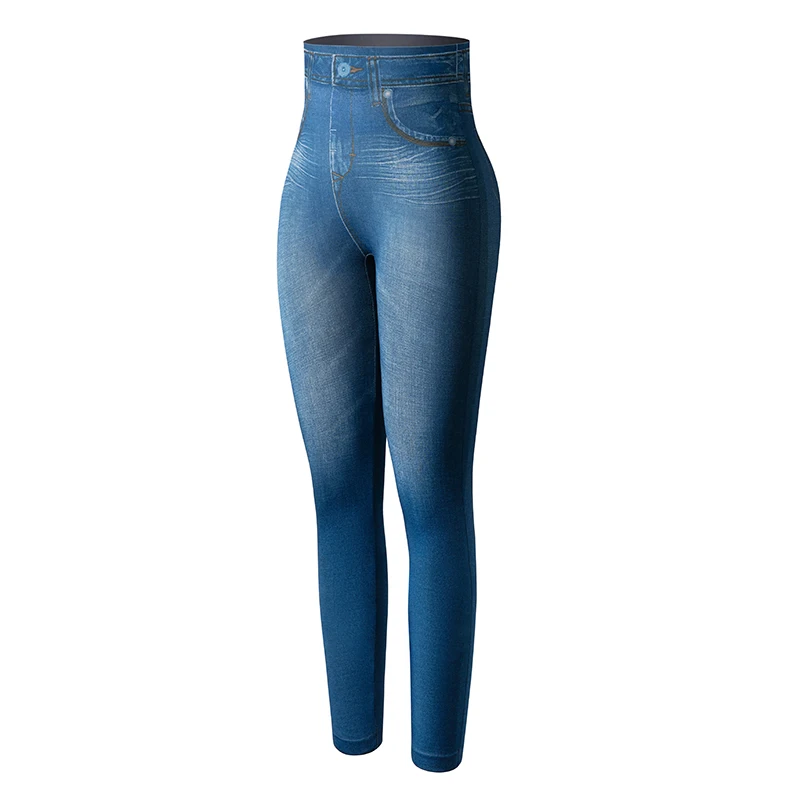 High Waist Faux Denim Print Leggings Women Sexy Skinny Pencil Pants Tummy Control Seam-free Shapewear Trousers No Pocket