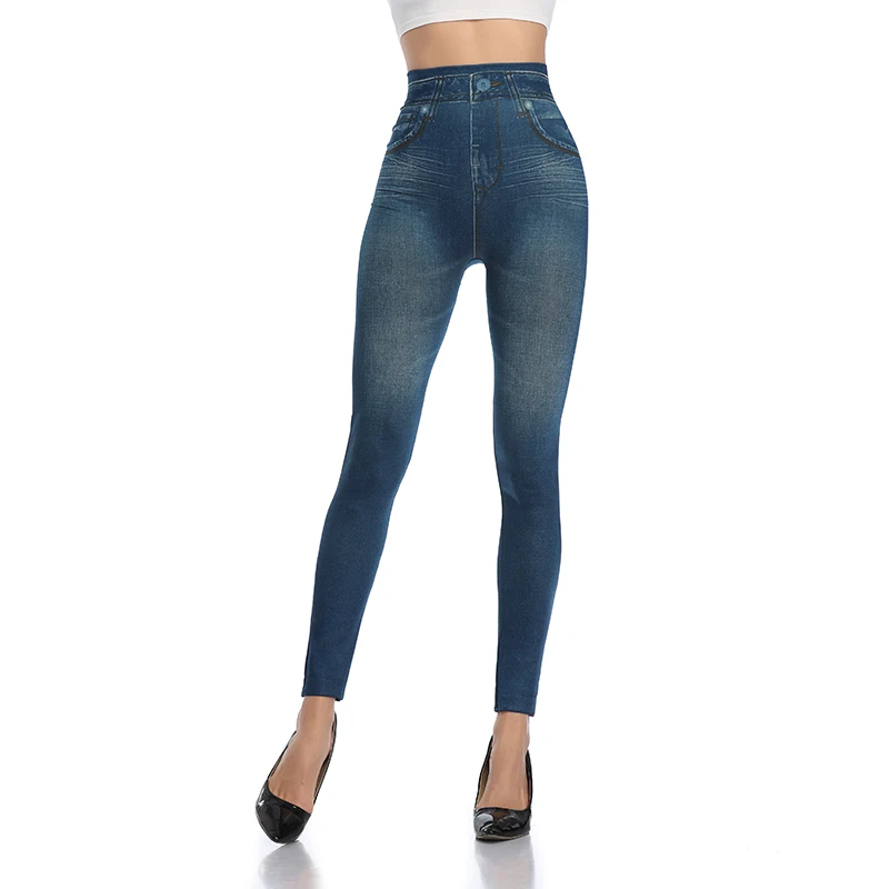 High Waist Faux Denim Print Leggings Women Sexy Skinny Pencil Pants Tummy Control Seam-free Shapewear Trousers No Pocket