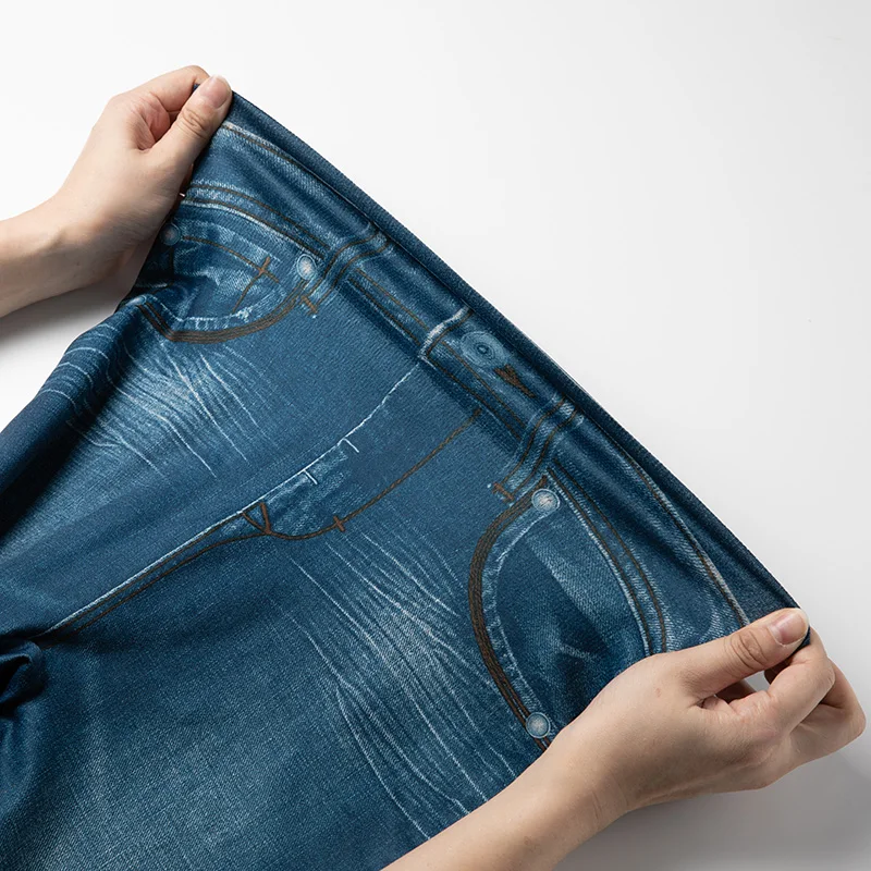 High Waist Faux Denim Print Leggings Women Sexy Skinny Pencil Pants Tummy Control Seam-free Shapewear Trousers No Pocket