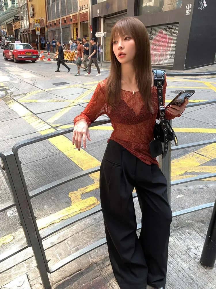 Tonngirls Sexy Lace Tshirts Women Long Sleeve See Through Irregual Vintage Tops Streetwear Fairycore Splits Y2k Tee Tops 2000s