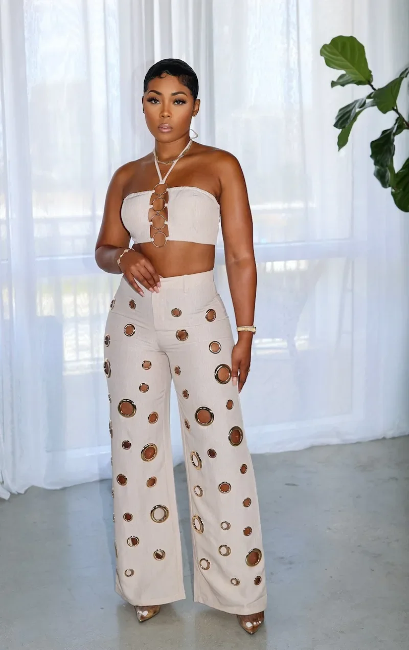 Metal Ring Hollow Out Two Piece Set Women Sexy Strapless Lace Up Halter Backless Crop Tops + Wide Leg Pants Casual Street Suits