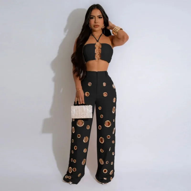 Metal Ring Hollow Out Two Piece Set Women Sexy Strapless Lace Up Halter Backless Crop Tops + Wide Leg Pants Casual Street Suits