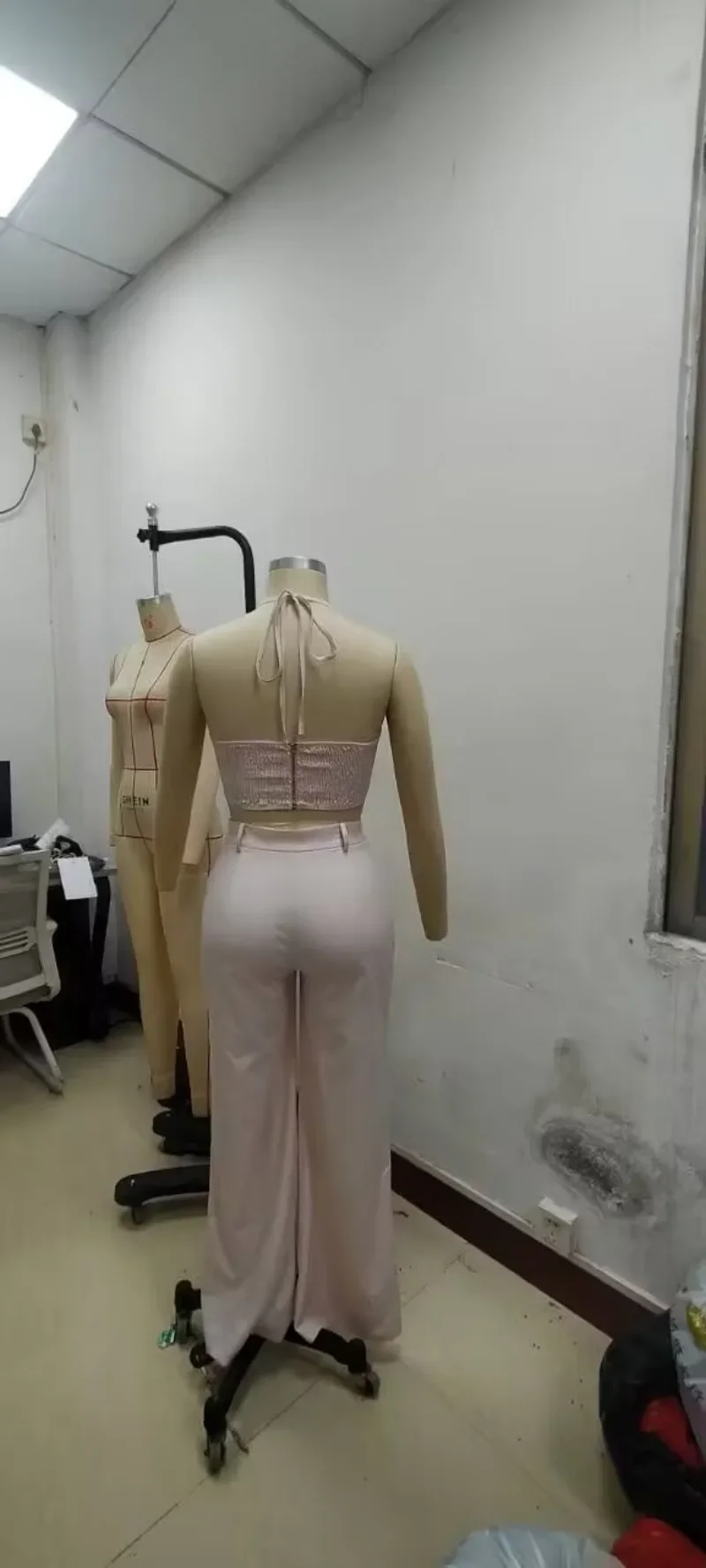 Metal Ring Hollow Out Two Piece Set Women Sexy Strapless Lace Up Halter Backless Crop Tops + Wide Leg Pants Casual Street Suits