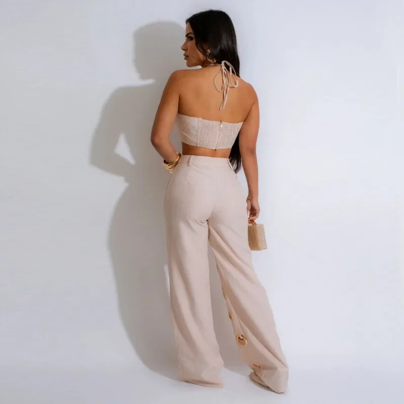 Metal Ring Hollow Out Two Piece Set Women Sexy Strapless Lace Up Halter Backless Crop Tops + Wide Leg Pants Casual Street Suits